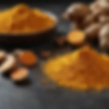 A close-up view of turmeric powder and ginger slices showcasing their rich colors