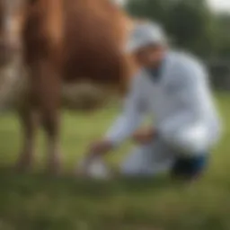 A down cow in a pasture being assessed by a veterinarian