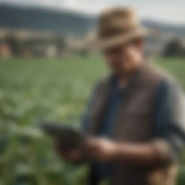 A farmer analyzing data on a tablet in the field.