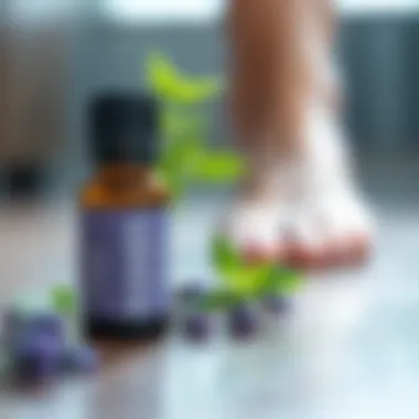 A close-up of essential oils with a focus on lavender and peppermint bottles