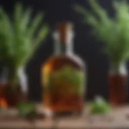 Close-up of vinegar in a glass bottle with herbs