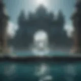 An artistic interpretation of the lost city of Atlantis surrounded by water.