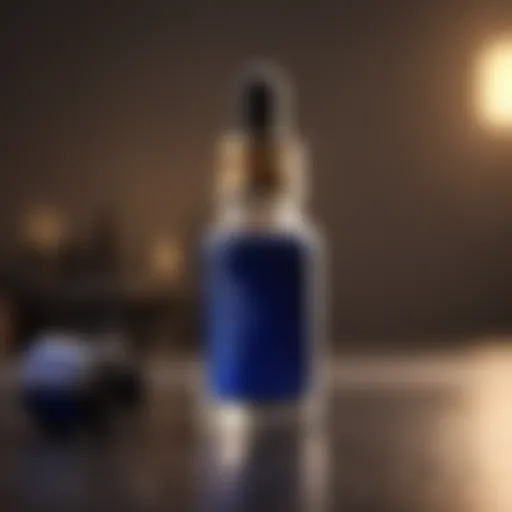 Close-up of Deep Blue essential oil bottle