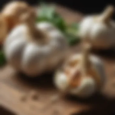 An artistic arrangement of garlic on a rustic wooden surface