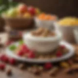 A bowl of creamy soy yogurt topped with fresh fruits and nuts.