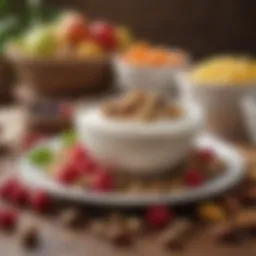 A bowl of creamy soy yogurt topped with fresh fruits and nuts.