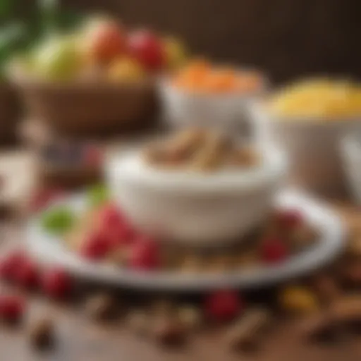 A bowl of creamy soy yogurt topped with fresh fruits and nuts.