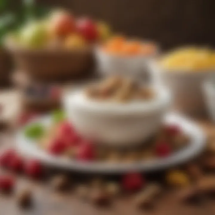 A bowl of creamy soy yogurt topped with fresh fruits and nuts.