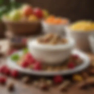 Soy Yogurt with Fruits and Nuts A bowl of creamy soy yogurt topped with fresh fruits and nuts.