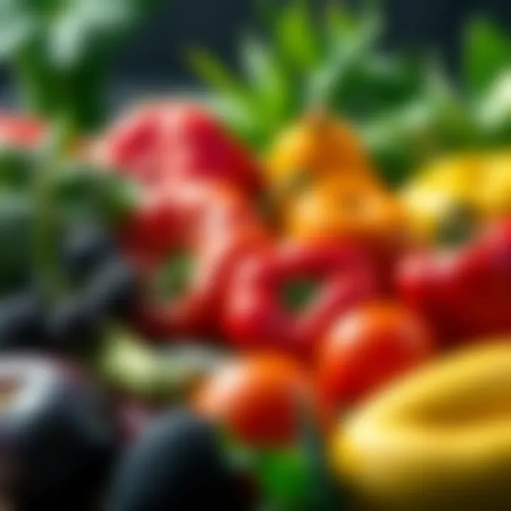 Fruits and Vegetables for Digestive Health An assortment of fresh fruits and vegetables, symbolizing digestion and health.