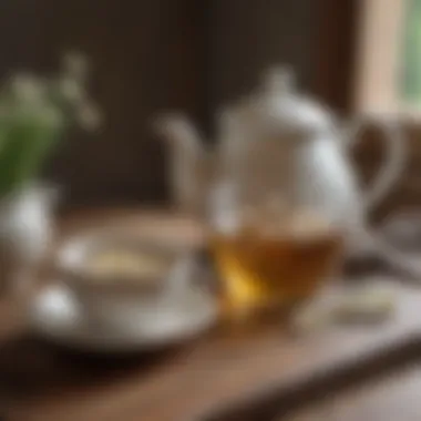 A vintage teapot and cup filled with chamomile tea on a wooden table