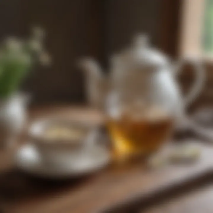A vintage teapot and cup filled with chamomile tea on a wooden table