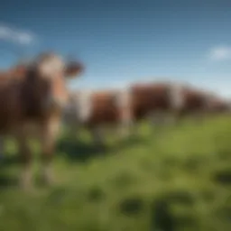 Cows grazing in a lush green field with a clear blue sky