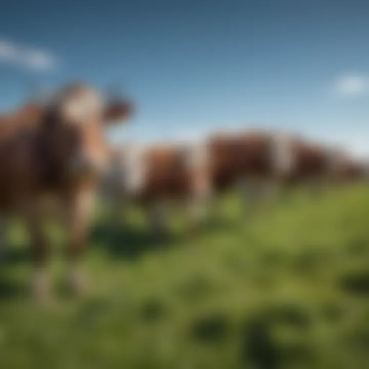 Cows grazing in a lush green field with a clear blue sky