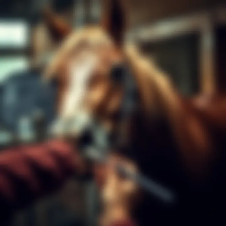 Horse owner applying medication with care