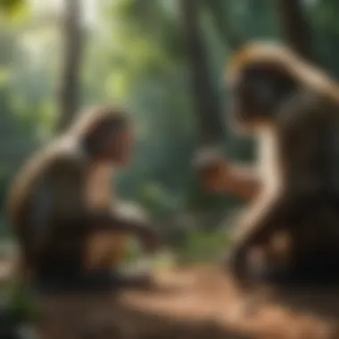 Researcher Observing Monkey Learning A researcher observing monkeys in their natural habitat