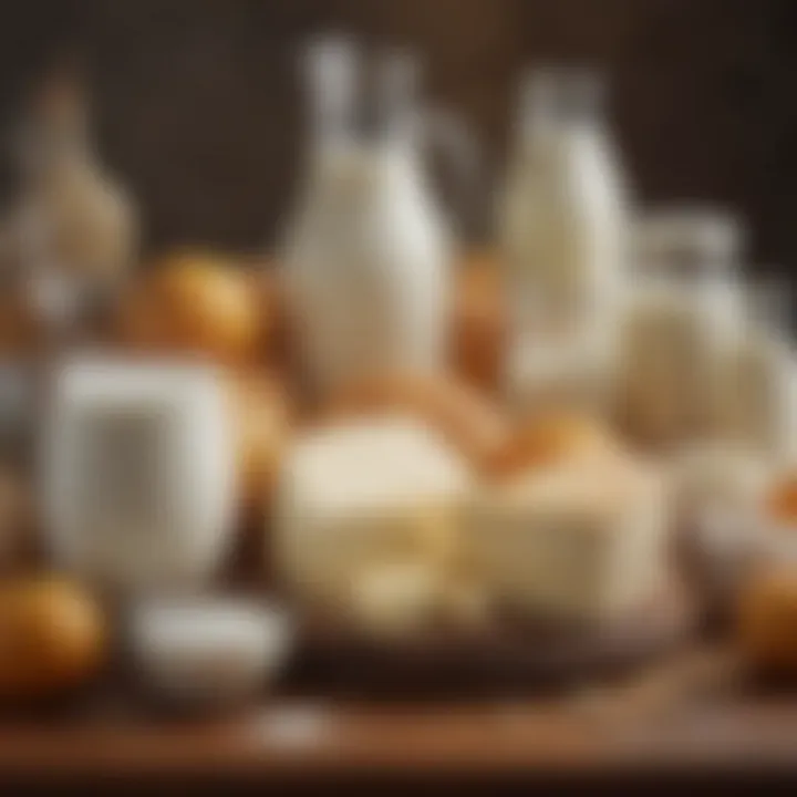 An artistic display of dairy products from different cultures, reflecting their significance in global cuisines.