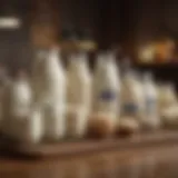 A variety of milk products neatly arranged on a wooden table, showcasing their diversity.