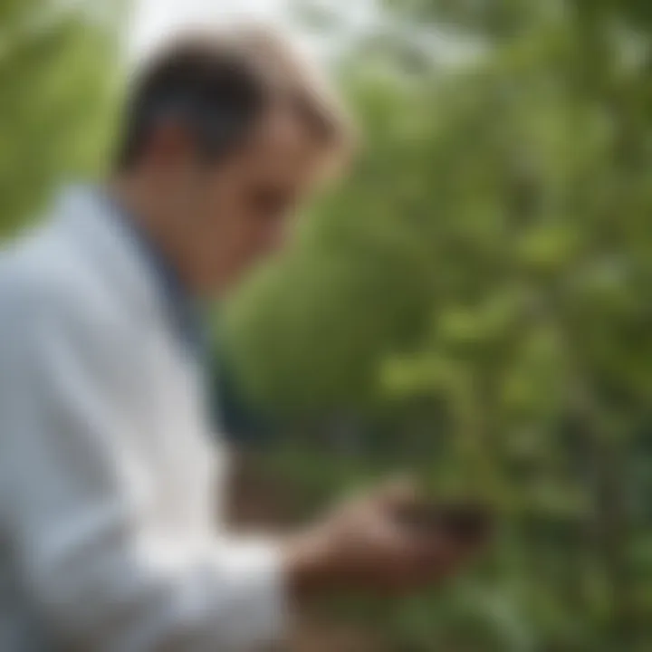 Researcher examining disease resistant elm saplings in a nursery.