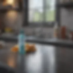 Cleaning solution and cloth on a kitchen counter