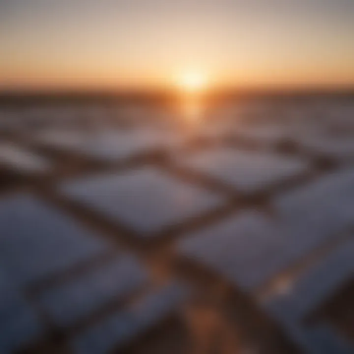 Evening sun setting behind solar energy installations.