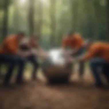 A group of colleagues engaging in a team-building exercise outdoors