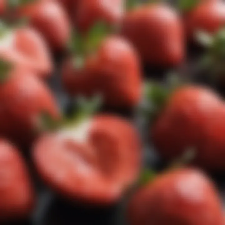 Close-up of sliced strawberries revealing their juicy interior.