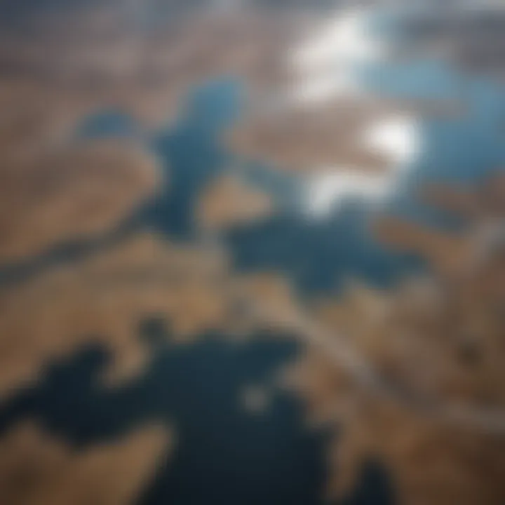 A satellite view of a shrinking water reservoir